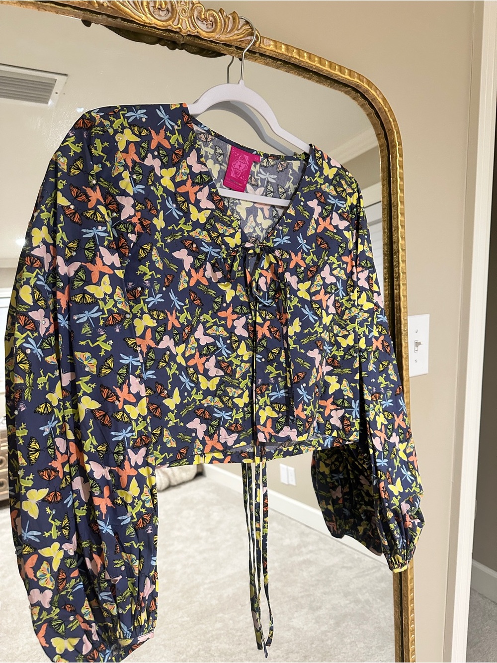 QUEEN OF SPARKLES Navy Floral Butterfly Tie-Front Crop Top - Picture 1 of 1